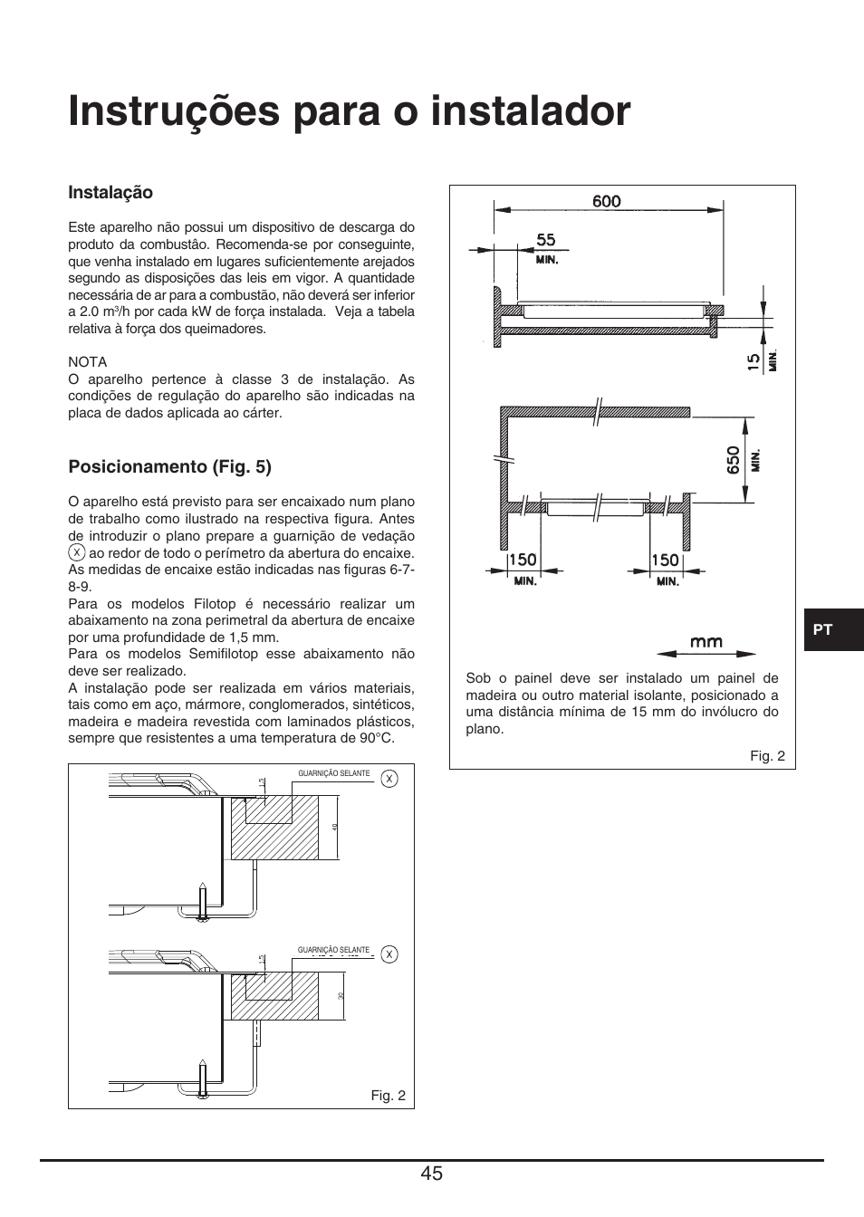 Instruções para o instalador | Fulgor Milano CPH 604 G User Manual | Page 45 / 52