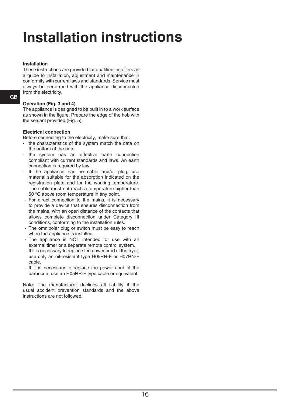 Installation instructions | Fulgor Milano CPH 401 BQ TC User Manual | Page 16 / 52