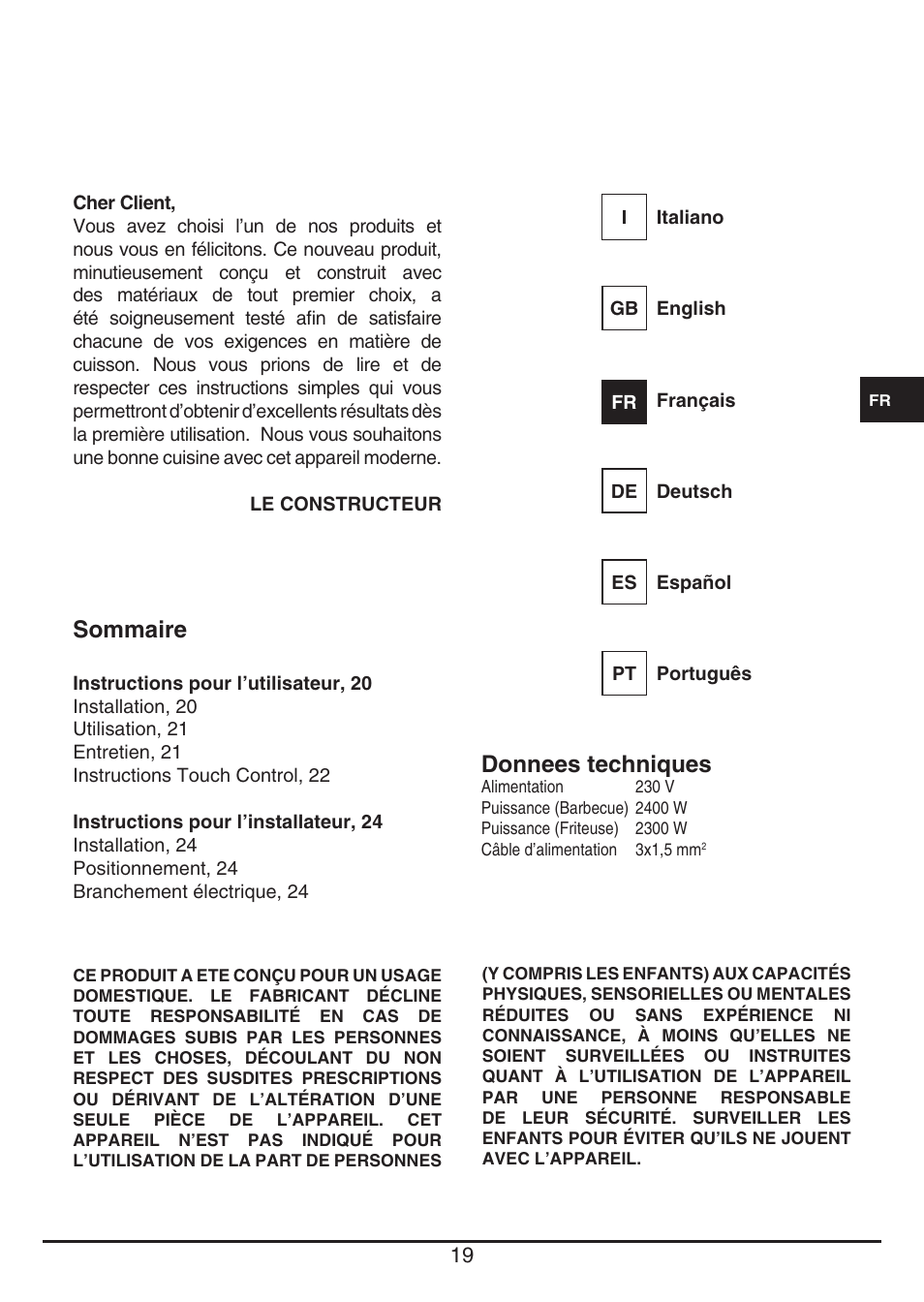 Sommaire, Donnees techniques | Fulgor Milano CPH 401 BQ TC User Manual | Page 19 / 52