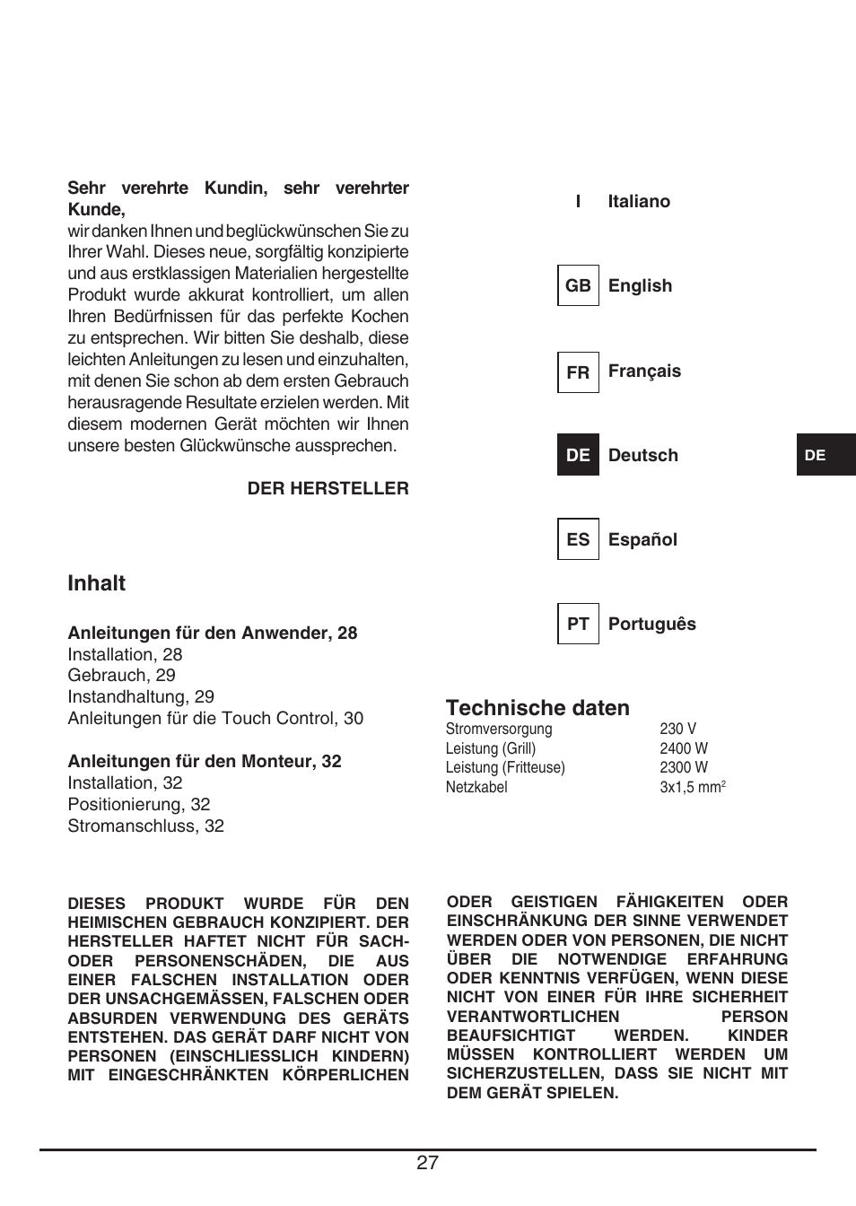 Inhalt, Technische daten | Fulgor Milano CPH 401 BQ TC User Manual | Page 27 / 52