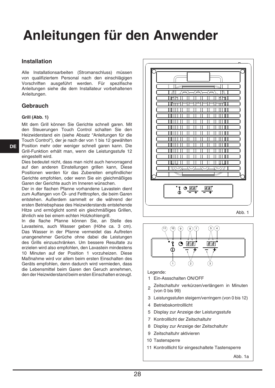 Anleitungen für den anwender, Installation, Gebrauch | Fulgor Milano CPH 401 BQ TC User Manual | Page 28 / 52
