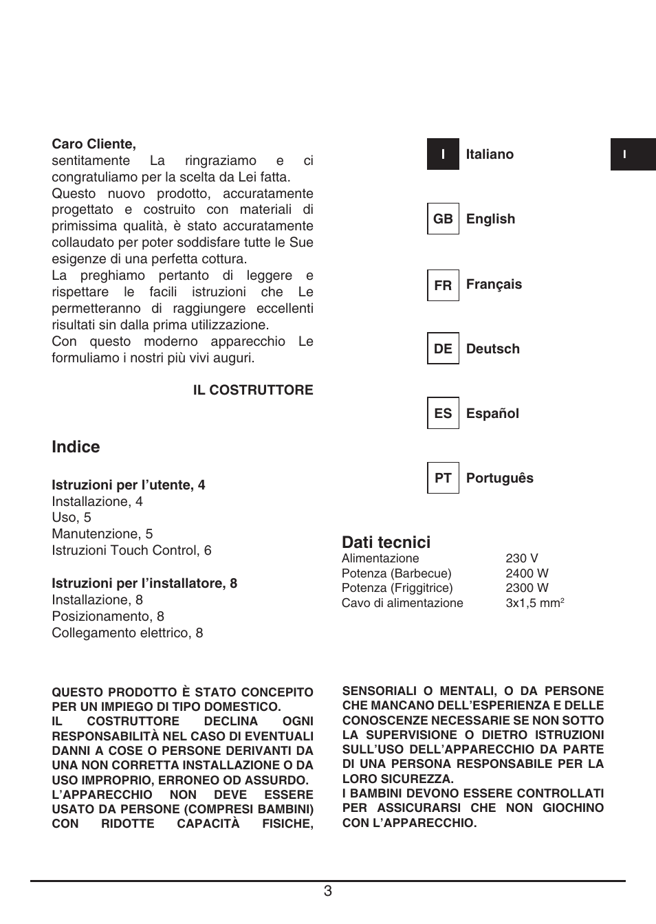 Indice, Dati tecnici | Fulgor Milano CPH 401 BQ TC User Manual | Page 3 / 52