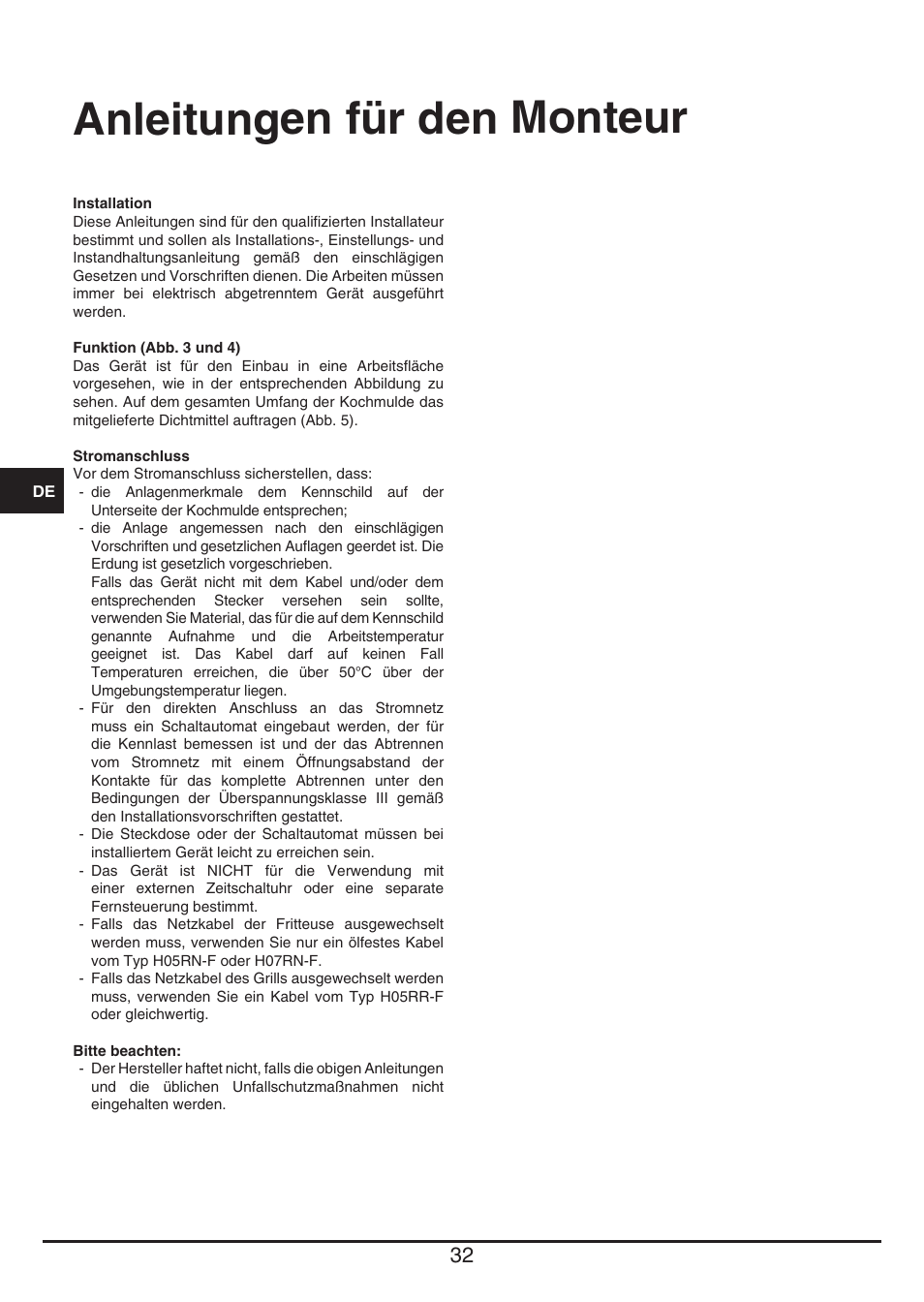 Anleitungen für den monteur | Fulgor Milano CPH 401 BQ TC User Manual | Page 32 / 52