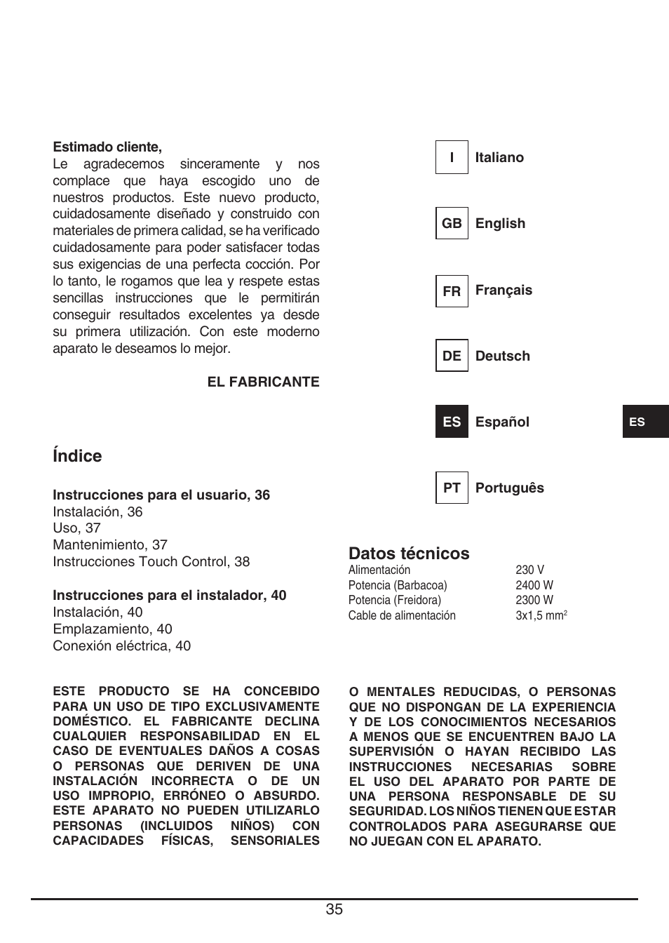 Índice, Datos técnicos | Fulgor Milano CPH 401 BQ TC User Manual | Page 35 / 52