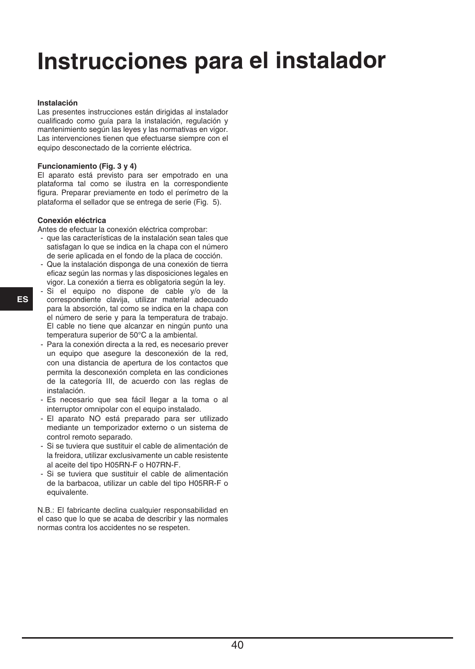 Instrucciones para el instalador | Fulgor Milano CPH 401 BQ TC User Manual | Page 40 / 52