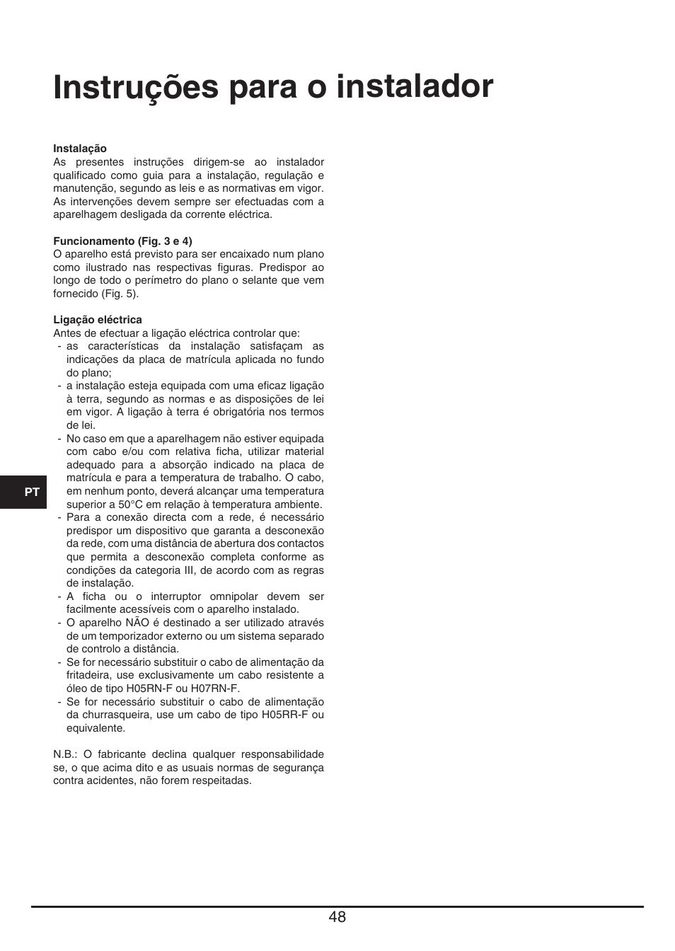 Instruções para o instalador | Fulgor Milano CPH 401 BQ TC User Manual | Page 48 / 52