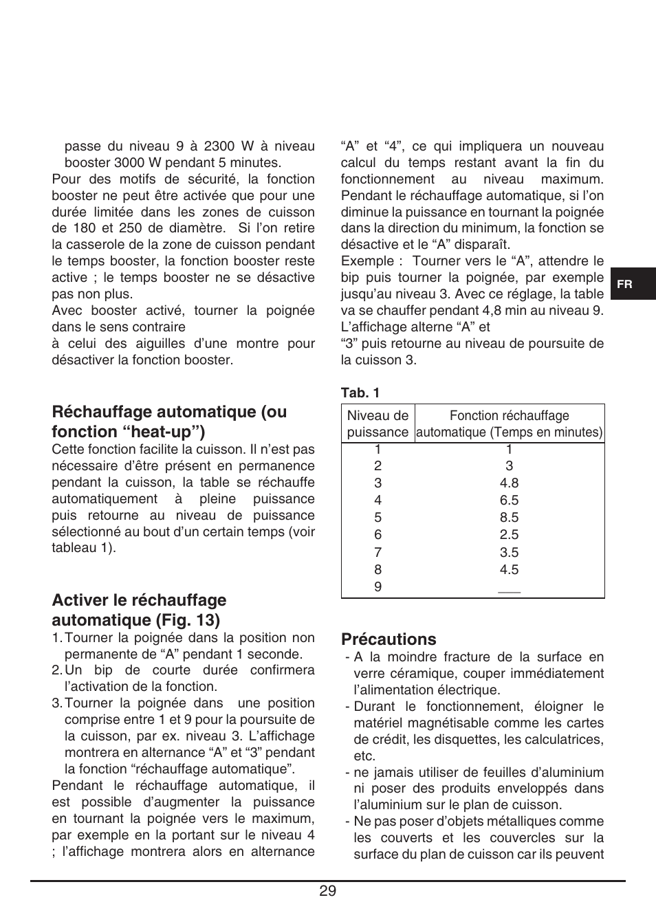 Réchauffage automatique (ou fonction “heat-up”), Activer le réchauffage automatique (fig. 13), Précautions | Fulgor Milano CPH 401 ID X User Manual | Page 29 / 80
