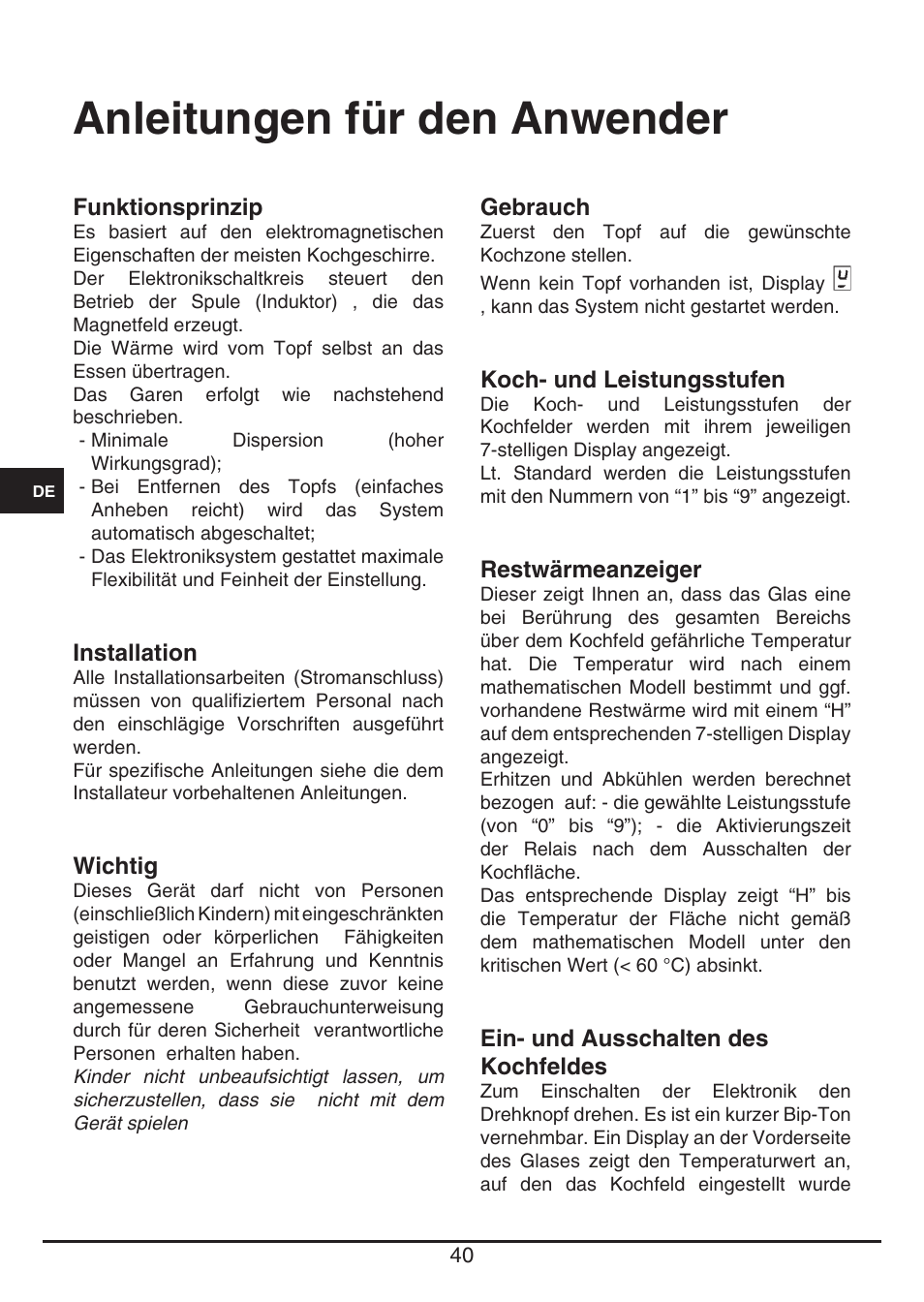 Anleitungen für den anwender | Fulgor Milano CPH 401 ID X User Manual | Page 40 / 80