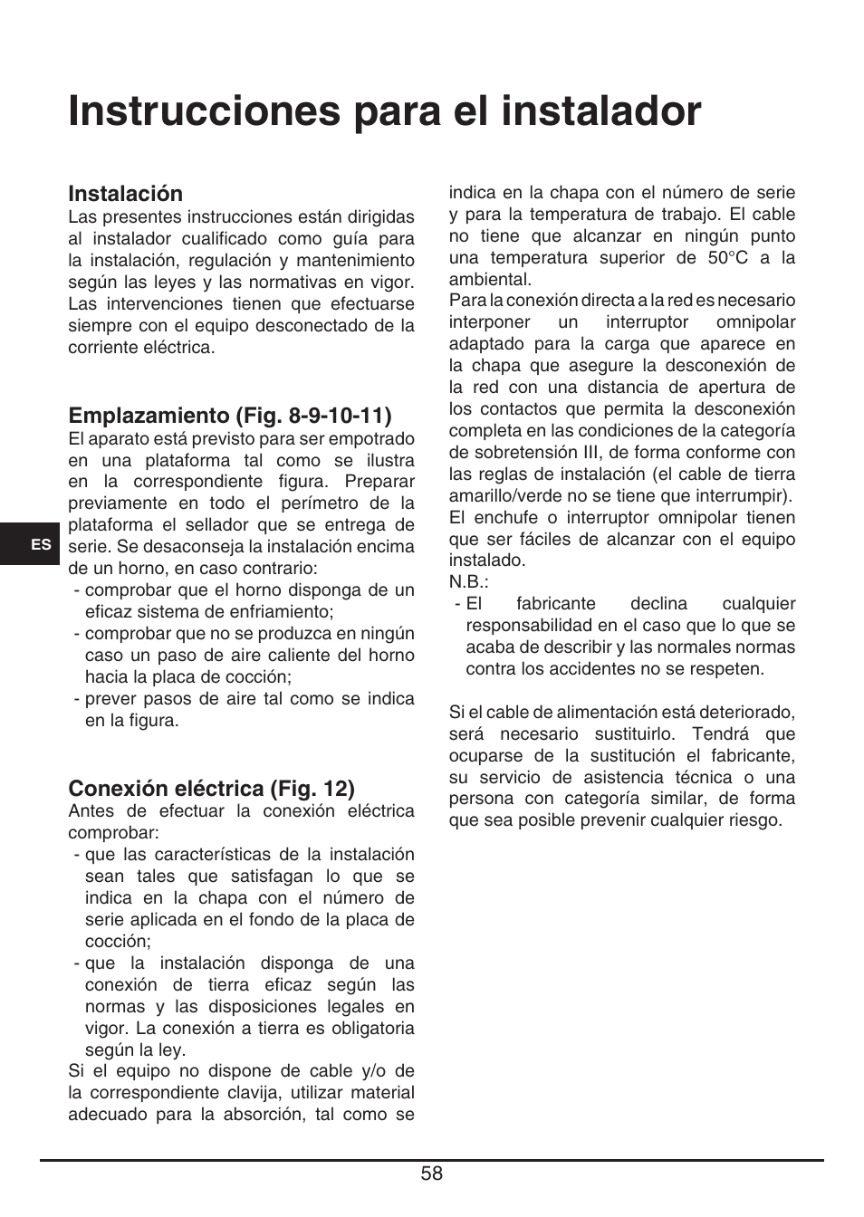 Instrucciones para el instalador | Fulgor Milano CPH 401 ID X User Manual | Page 58 / 80