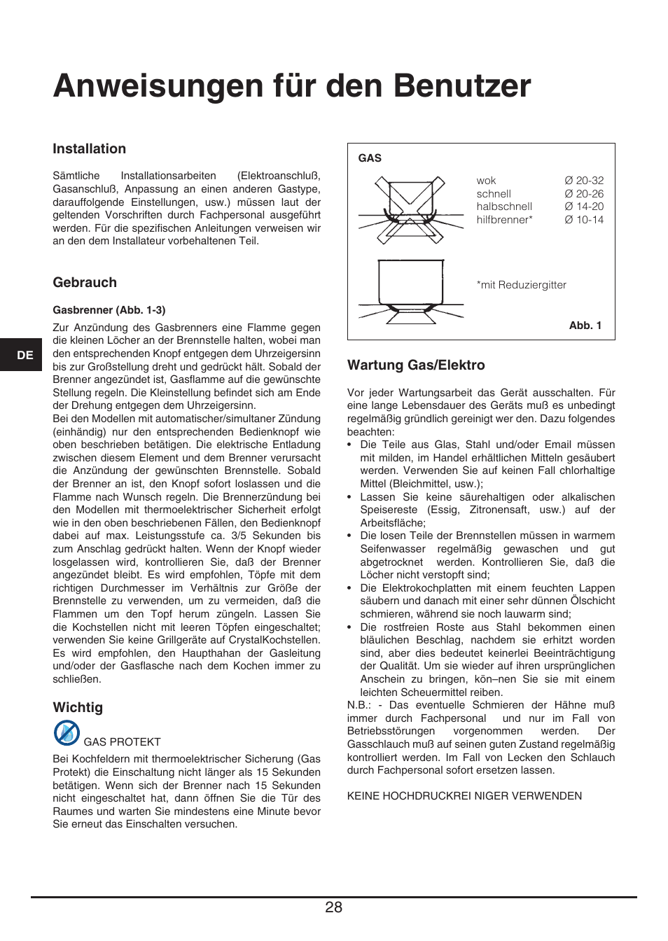 Anweisungen für den benutzer | Fulgor Milano PH 905 G WK User Manual | Page 28 / 52