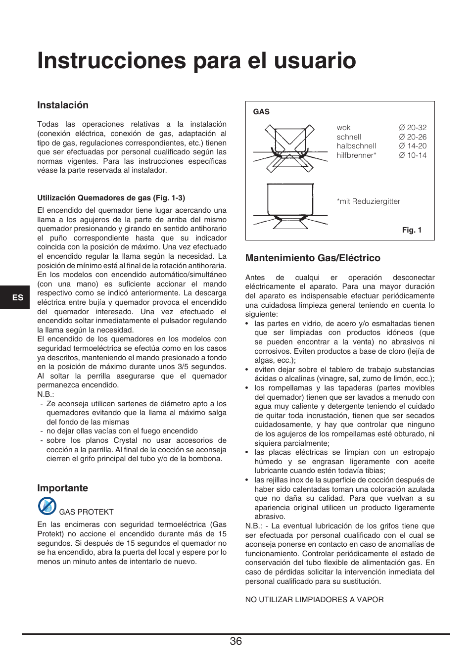 Instrucciones para el usuario | Fulgor Milano PH 905 G WK User Manual | Page 36 / 52