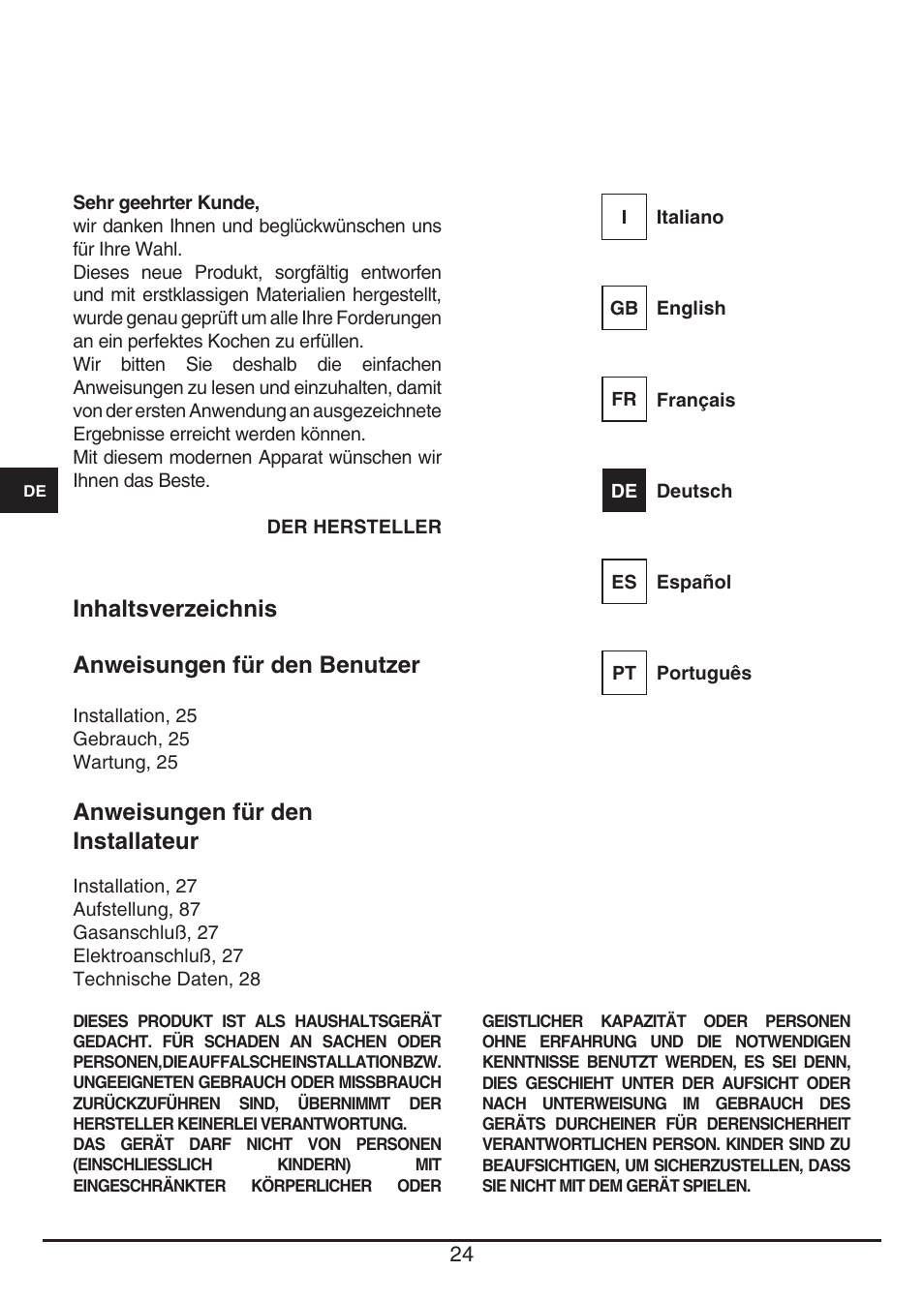 Inhaltsverzeichnis anweisungen für den benutzer, Anweisungen für den installateur | Fulgor Milano PH 302 G X User Manual | Page 24 / 48