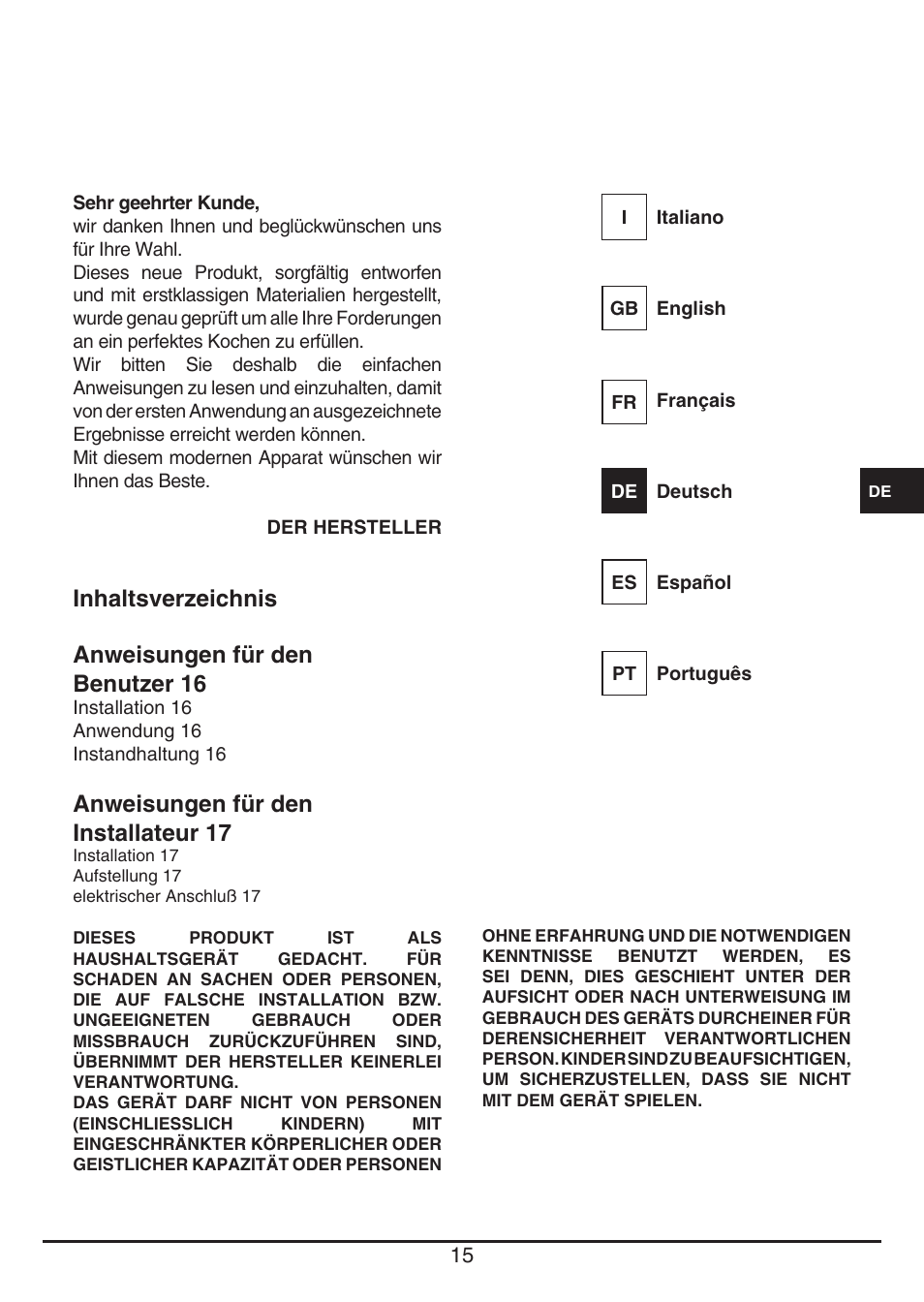 Inhaltsverzeichnis anweisungen für den benutzer 16, Anweisungen für den installateur 17 | Fulgor Milano PH 302 HL X User Manual | Page 15 / 28