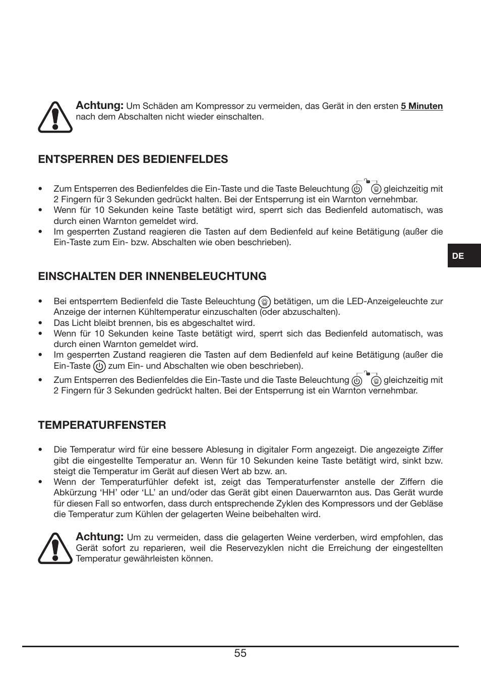 Achtung, Entsperren des bedienfeldes, Einschalten der innenbeleuchtung | Temperaturfenster | Fulgor Milano FWC 4524 TC User Manual | Page 55 / 88