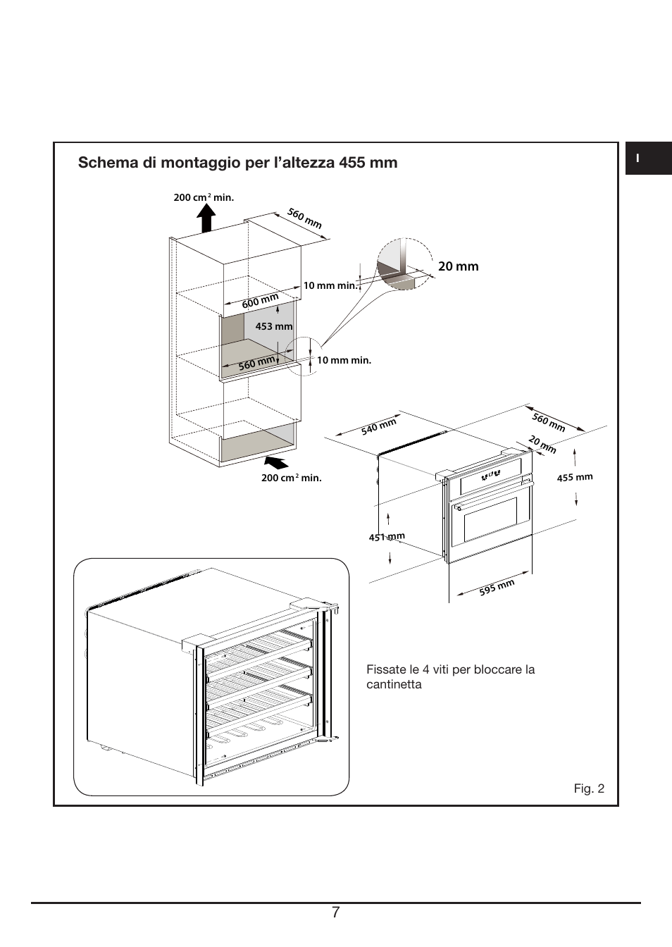 Schema di montaggio per l’altezza 455 mm | Fulgor Milano FWC 4524 TC User Manual | Page 7 / 88