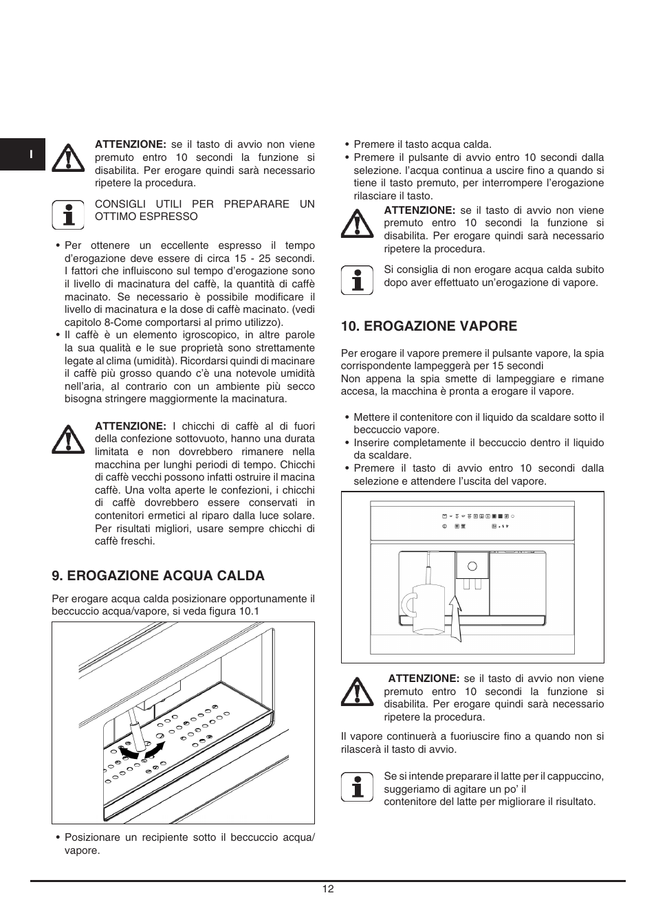 Erogazione acqua calda, Erogazione vapore | Fulgor Milano CCM 4509 TC User Manual | Page 12 / 96