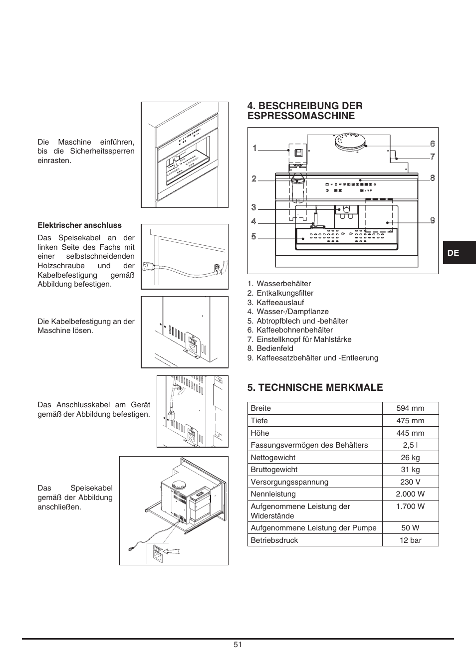 Beschreibung der espressomaschine, Technische merkmale | Fulgor Milano CCM 4509 TC User Manual | Page 51 / 96