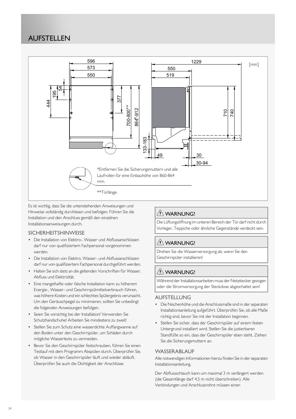 Aufstellen | Fulgor Milano FDW9017 User Manual | Page 108 / 168