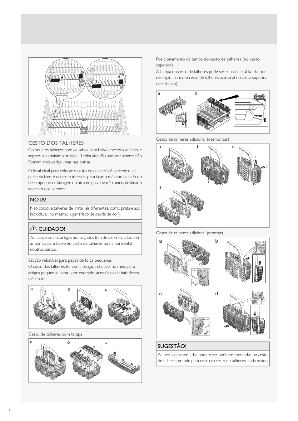 Cesto dos talheres, Nota, Cuidado | Sugestão | Fulgor Milano FDW9017 User Manual | Page 148 / 168