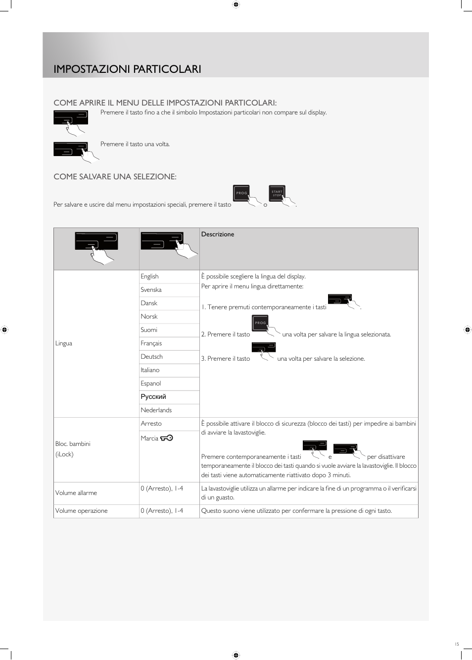 Impostazioni particolari | Fulgor Milano FDW9017 User Manual | Page 15 / 168