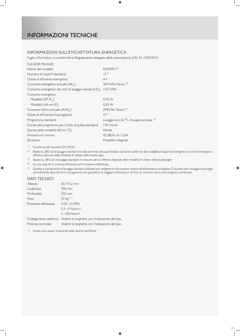 Informazioni tecniche, Informazioni sull'etichettatura energetica, Dati tecnici | Fulgor Milano FDW9017 User Manual | Page 23 / 168