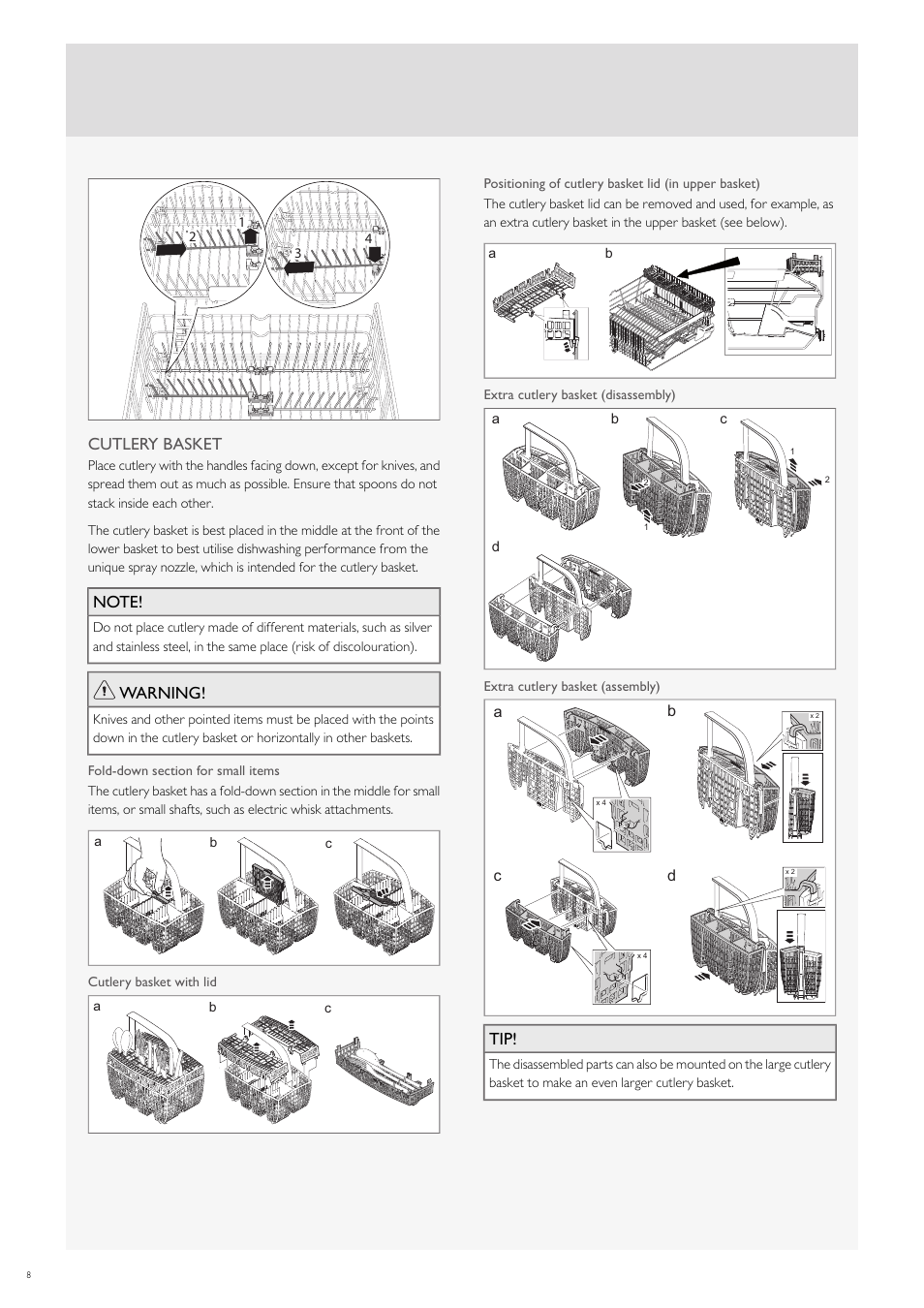 Cutlery basket, Warning | Fulgor Milano FDW9017 User Manual | Page 36 / 168