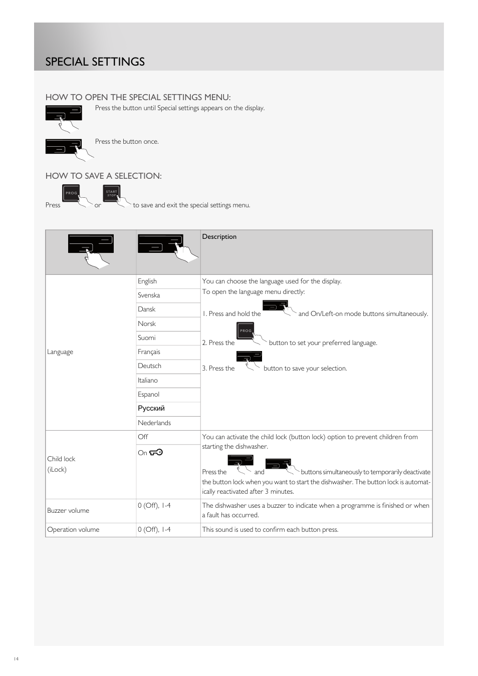 Special settings | Fulgor Milano FDW9017 User Manual | Page 42 / 168