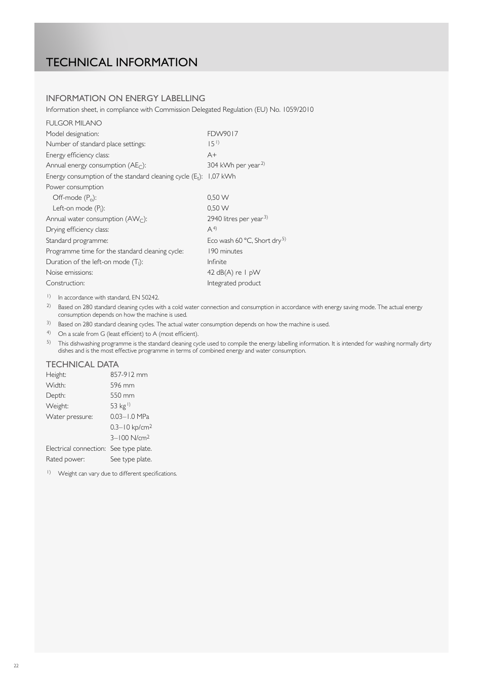 Technical information, Information on energy labelling, Technical data | Fulgor Milano FDW9017 User Manual | Page 50 / 168