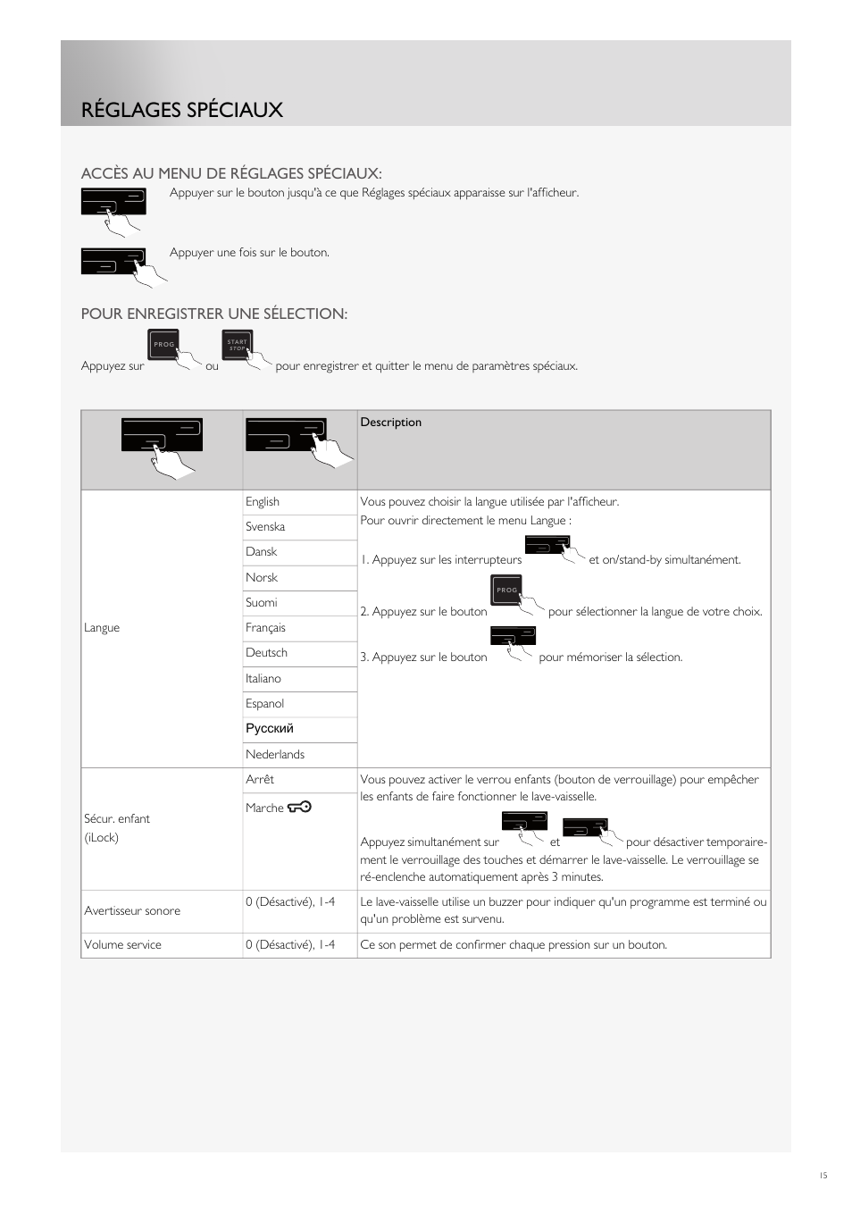 Réglages spéciaux, Réglages spéciaux) | Fulgor Milano FDW9017 User Manual | Page 71 / 168