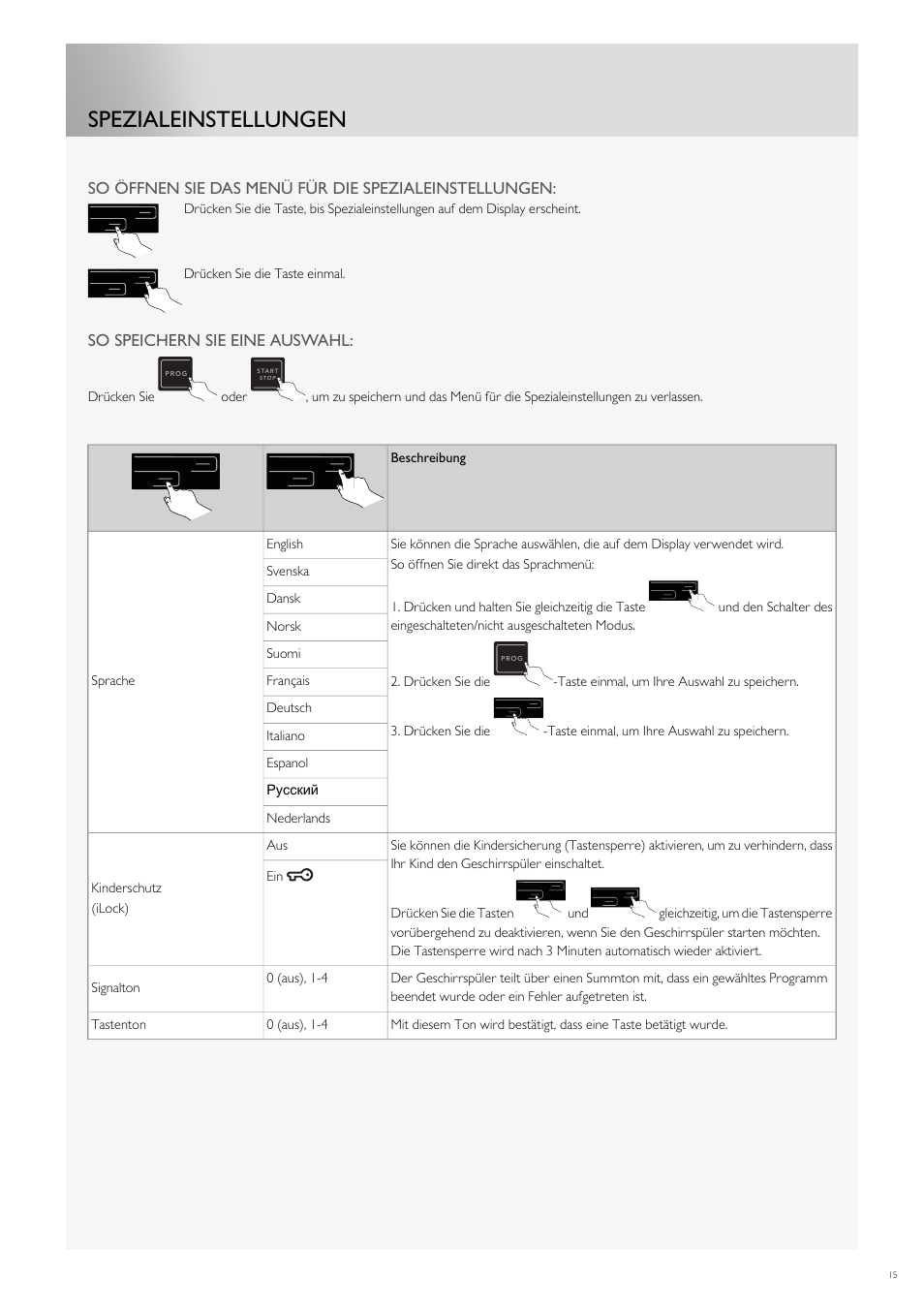 Spezialeinstellungen | Fulgor Milano FDW9017 User Manual | Page 99 / 168