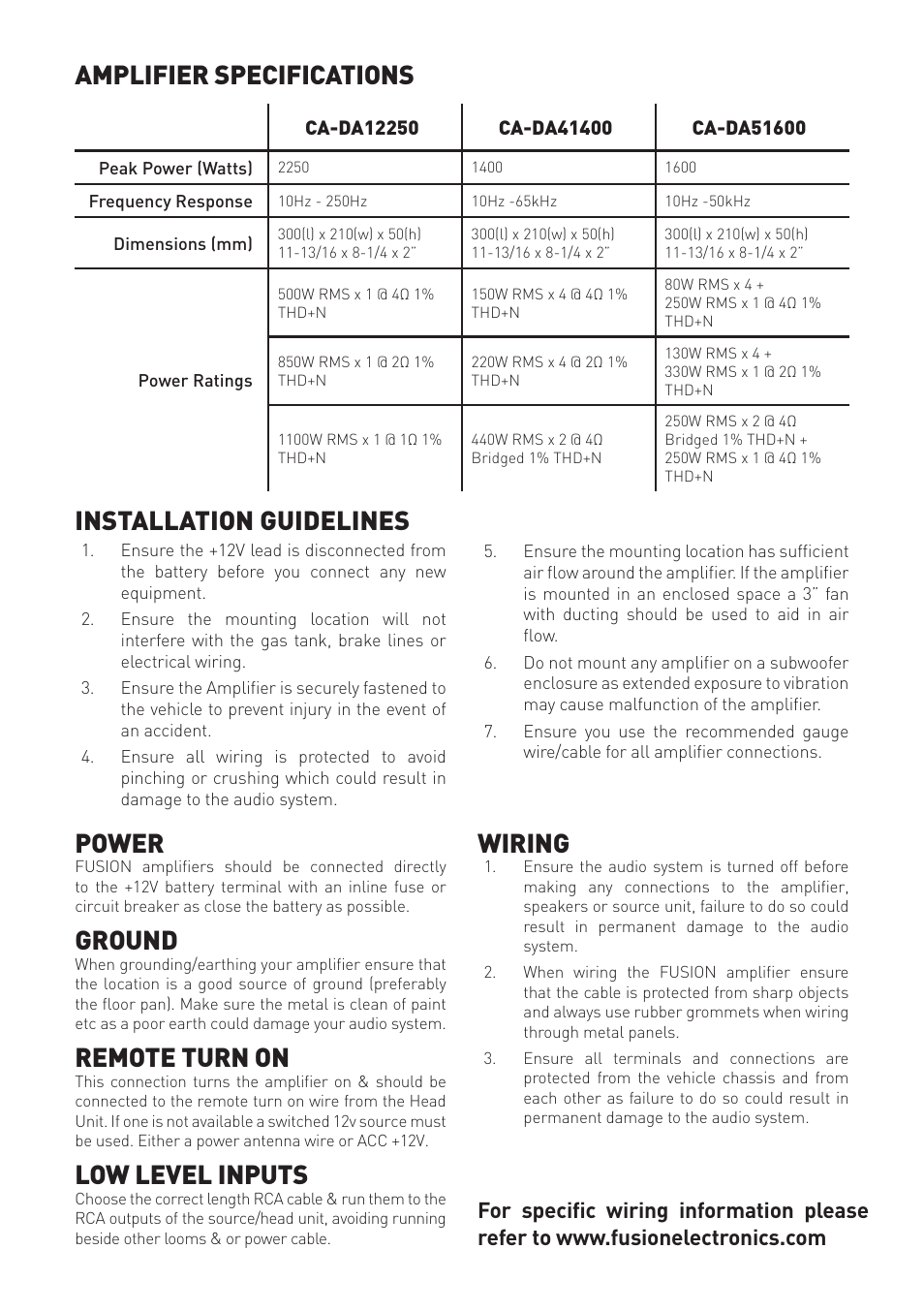 Amplifier specifications, Installation guidelines, Wiring | Power, Ground, Remote turn on, Low level inputs | Fusion CA-DA41400 User Manual | Page 2 / 8