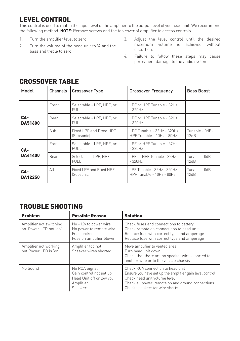 Crossover table, Trouble shooting, Level control | Fusion CA-DA41400 User Manual | Page 3 / 8