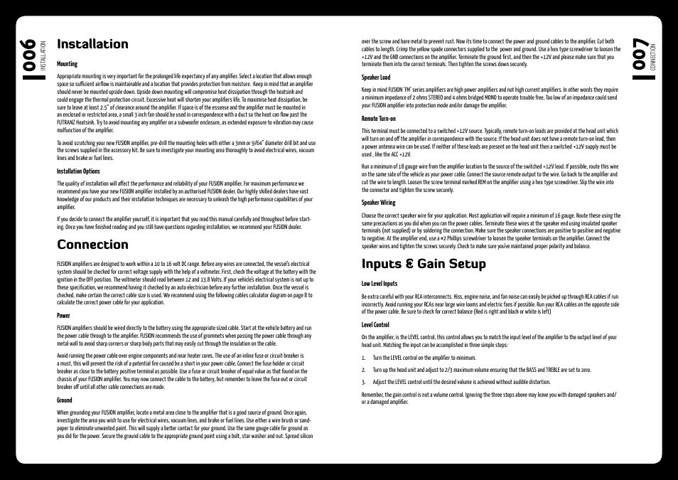 Installation, Connection, Inputs & gain setup | Fusion FM-504 User Manual | Page 4 / 7