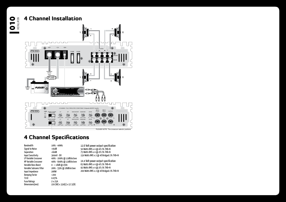 4 channel installation 4 channel specifications, 6 volt power output specification, 4 volt power output specification | Fusion FM-504 User Manual | Page 6 / 7