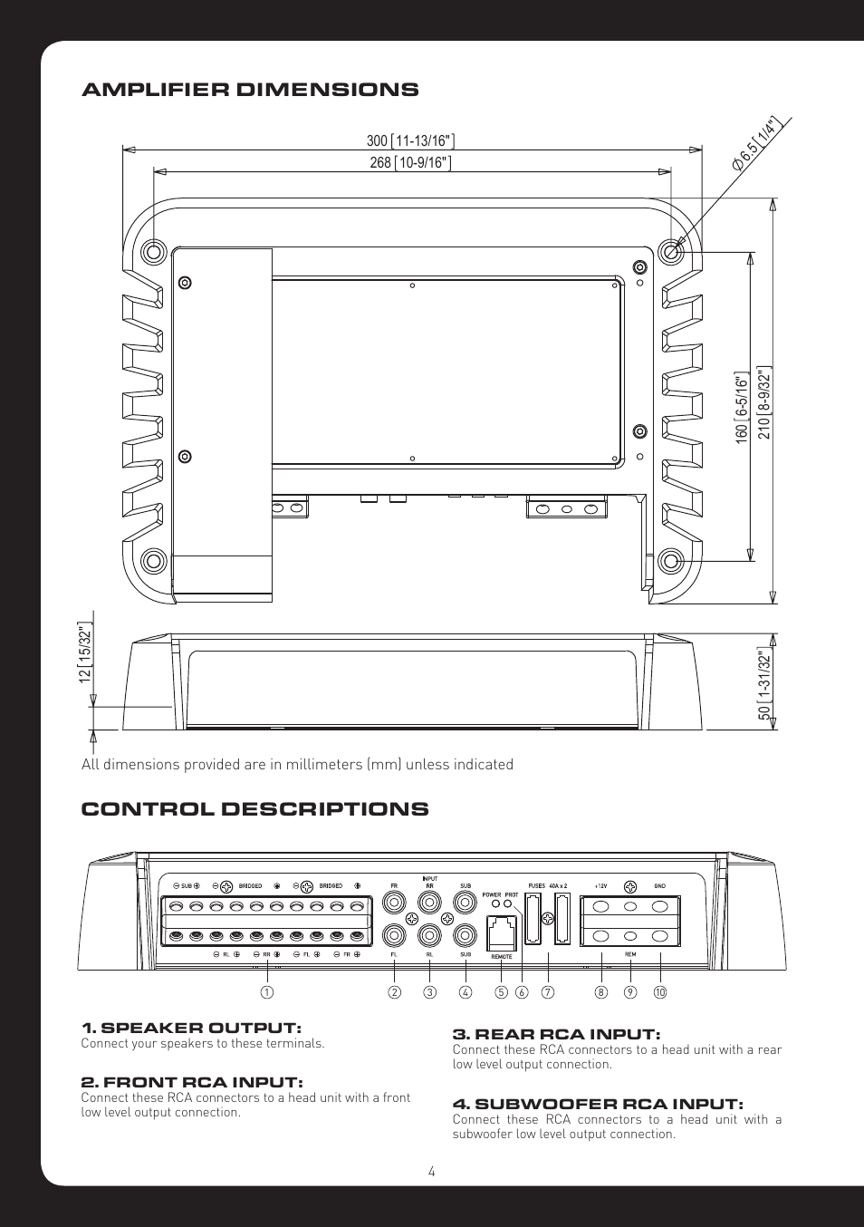 Amplifier dimensions, Control descriptions | Fusion MS-DA51600 User Manual | Page 4 / 12