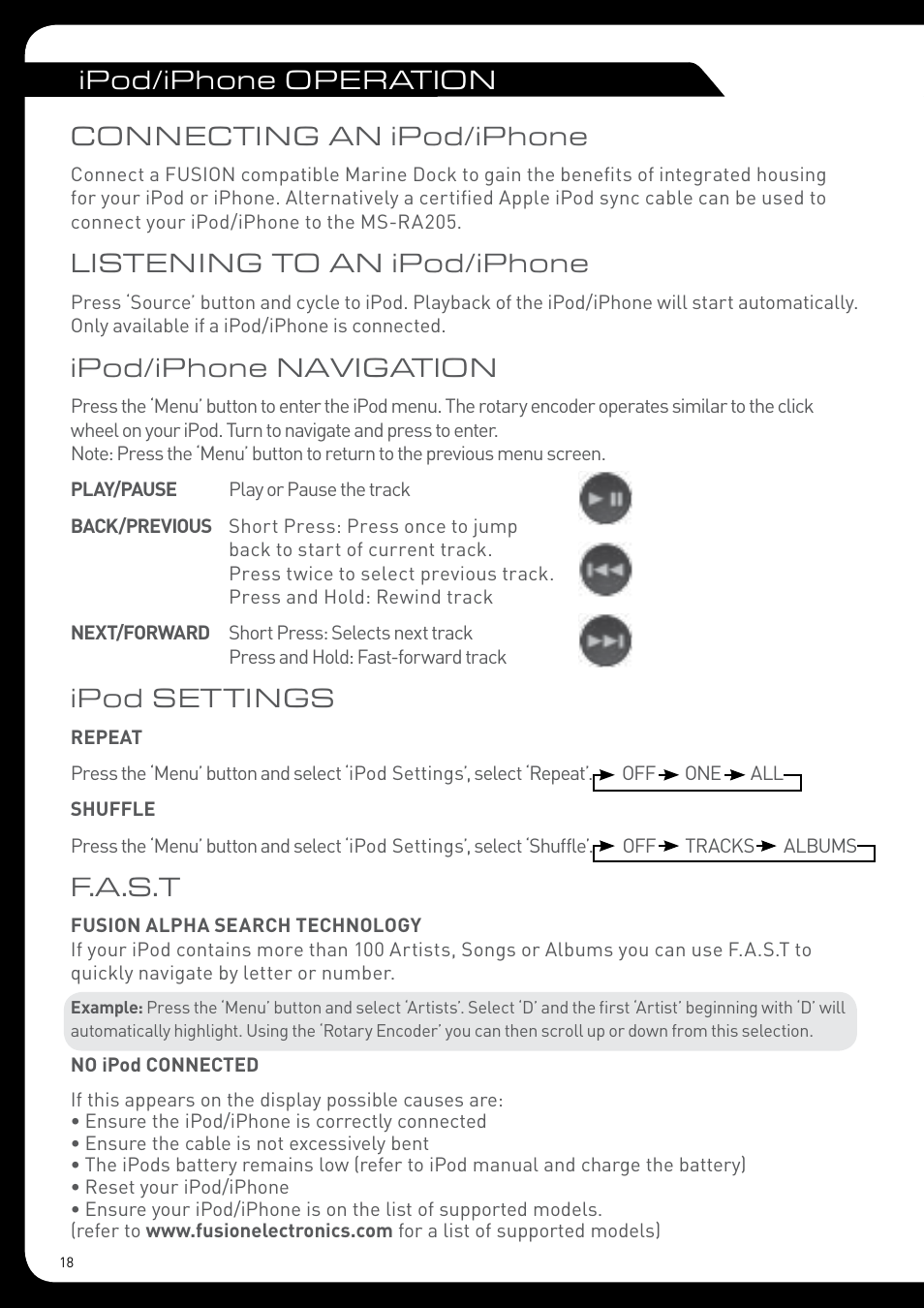 Ipod/iphone operation connecting an ipod/iphone, Listening to an ipod/iphone, Ipod/iphone navigation | Ipod settings, F.a.s.t | Fusion MS-RA205 User Manual | Page 18 / 32
