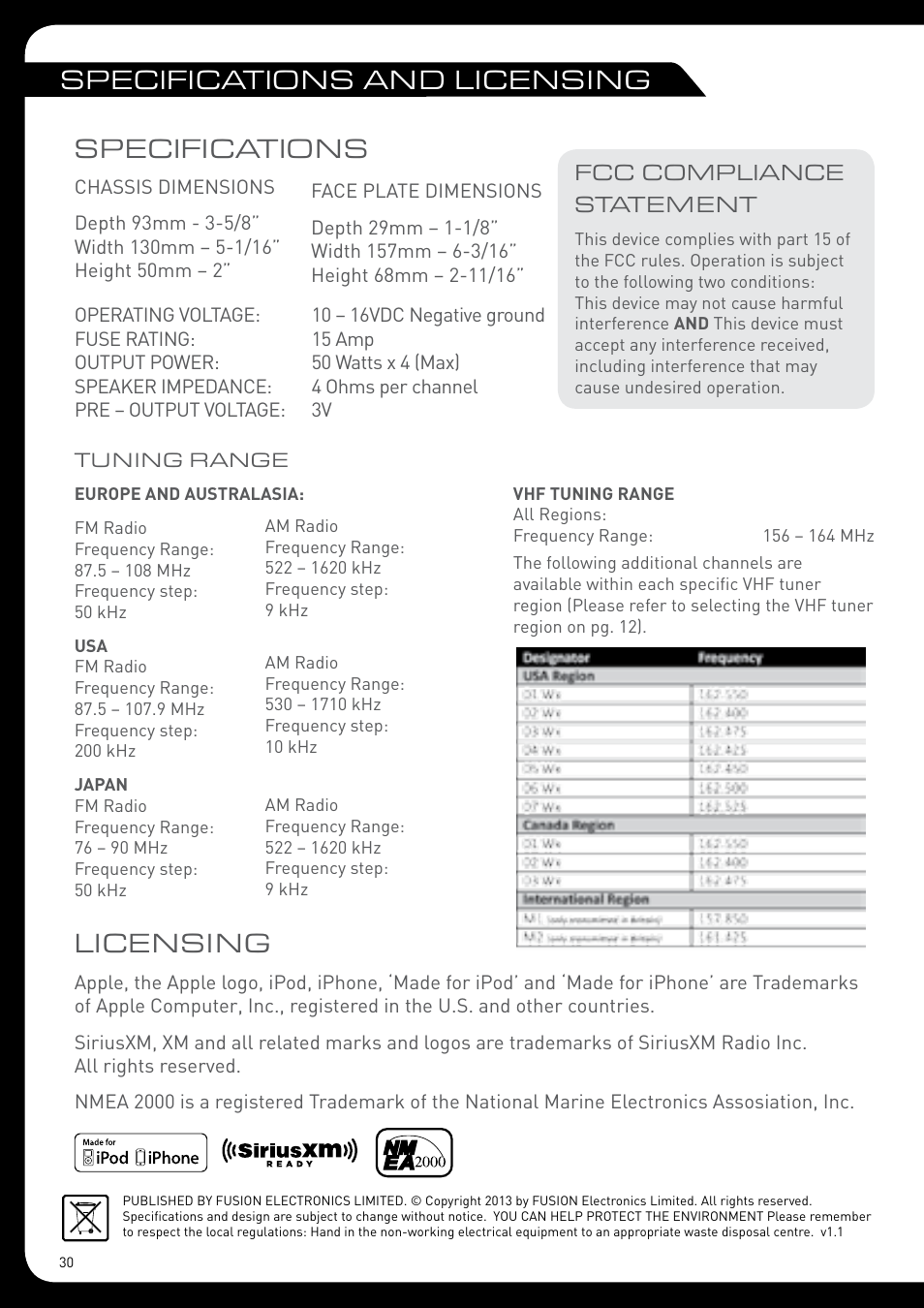 Specifications and licensing specifications, Licensing | Fusion MS-RA205 User Manual | Page 30 / 32