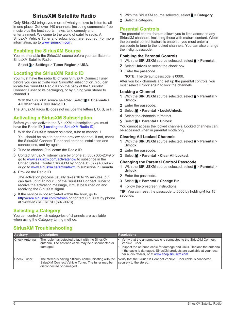 Siriusxm satellite radio, Enabling the siriusxm source, Locating the siriusxm radio id | Activating a siriusxm subscription, Selecting a category, Parental controls, Enabling the parental controls, Locking a channel, Clearing all locked channels, Changing the parental control passcode | Fusion MS-UD750 User Manual | Page 10 / 16