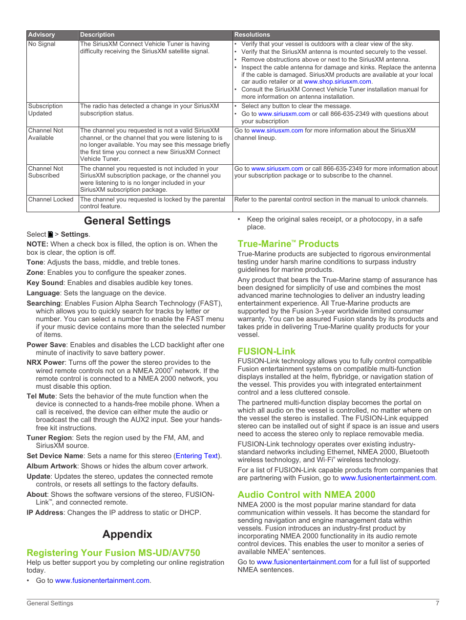 General settings, Appendix, Registering your fusion ms-ud/av750 | True-marine™ products, Fusion-link, Audio control with nmea 2000, General settings appendix, True-marine, Products | Fusion MS-UD750 User Manual | Page 11 / 16