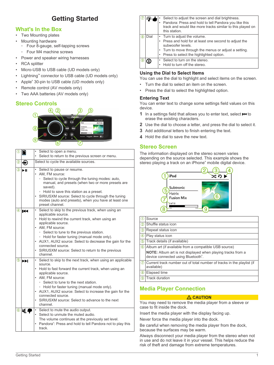 Getting started, What's in the box, Stereo controls | Using the dial to select items, Entering text, Stereo screen, Media player connection, What's in the box stereo controls, Using the dial to select items entering text, Stereo screen media player connection | Fusion MS-UD750 User Manual | Page 5 / 16