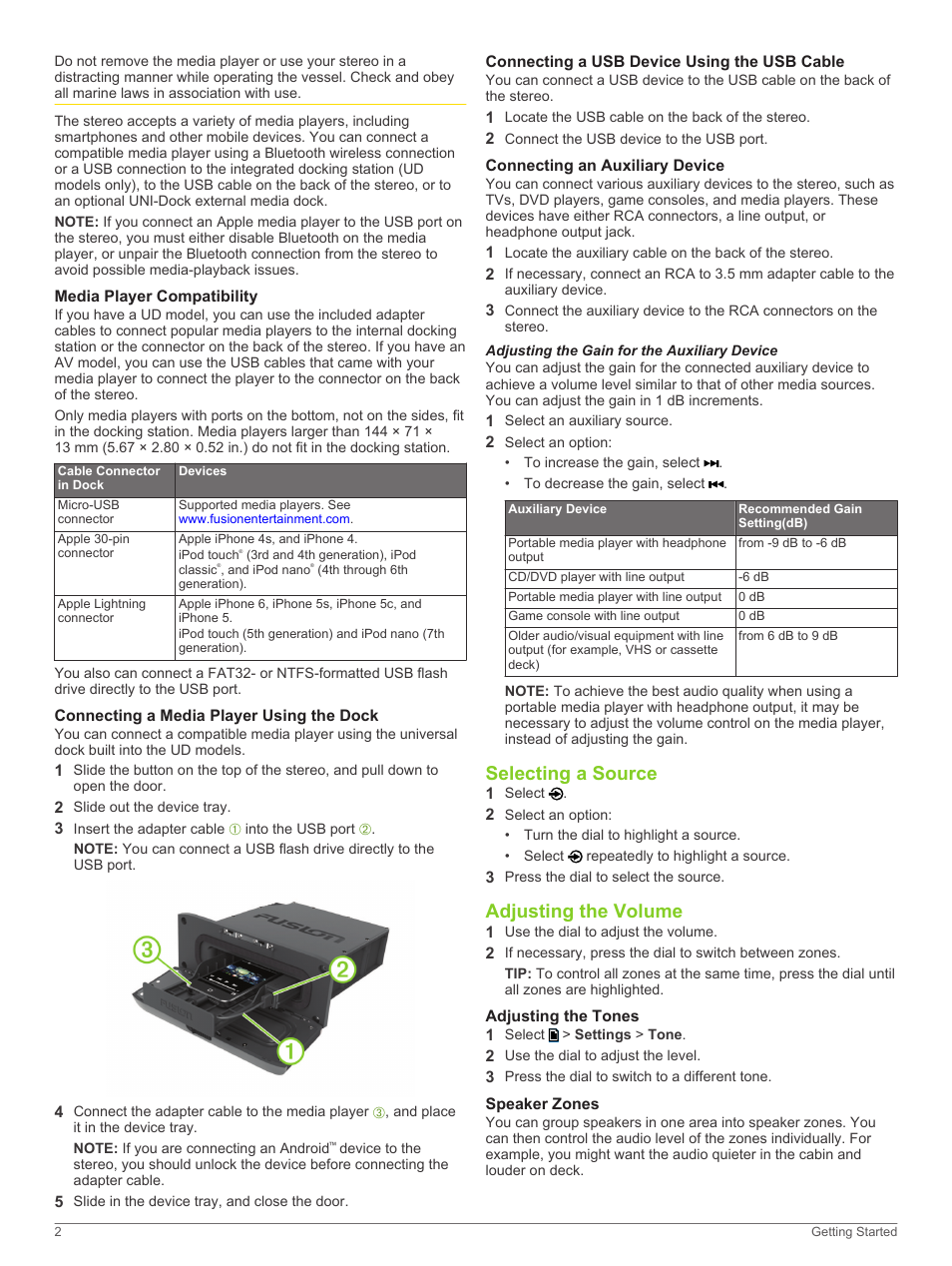 Media player compatibility, Connecting a media player using the dock, Connecting a usb device using the usb cable | Connecting an auxiliary device, Adjusting the gain for the auxiliary device, Selecting a source, Adjusting the volume, Adjusting the tones, Speaker zones, Selecting a source adjusting the volume | Fusion MS-UD750 User Manual | Page 6 / 16