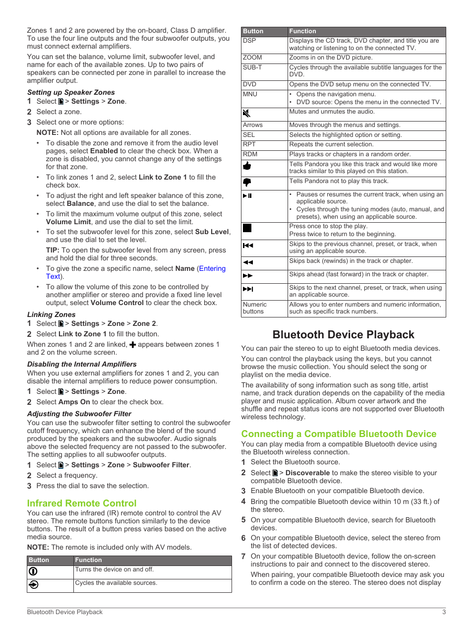 Setting up speaker zones, Linking zones, Disabling the internal amplifiers | Adjusting the subwoofer filter, Infrared remote control, Bluetooth device playback, Connecting a compatible bluetooth device | Fusion MS-UD750 User Manual | Page 7 / 16