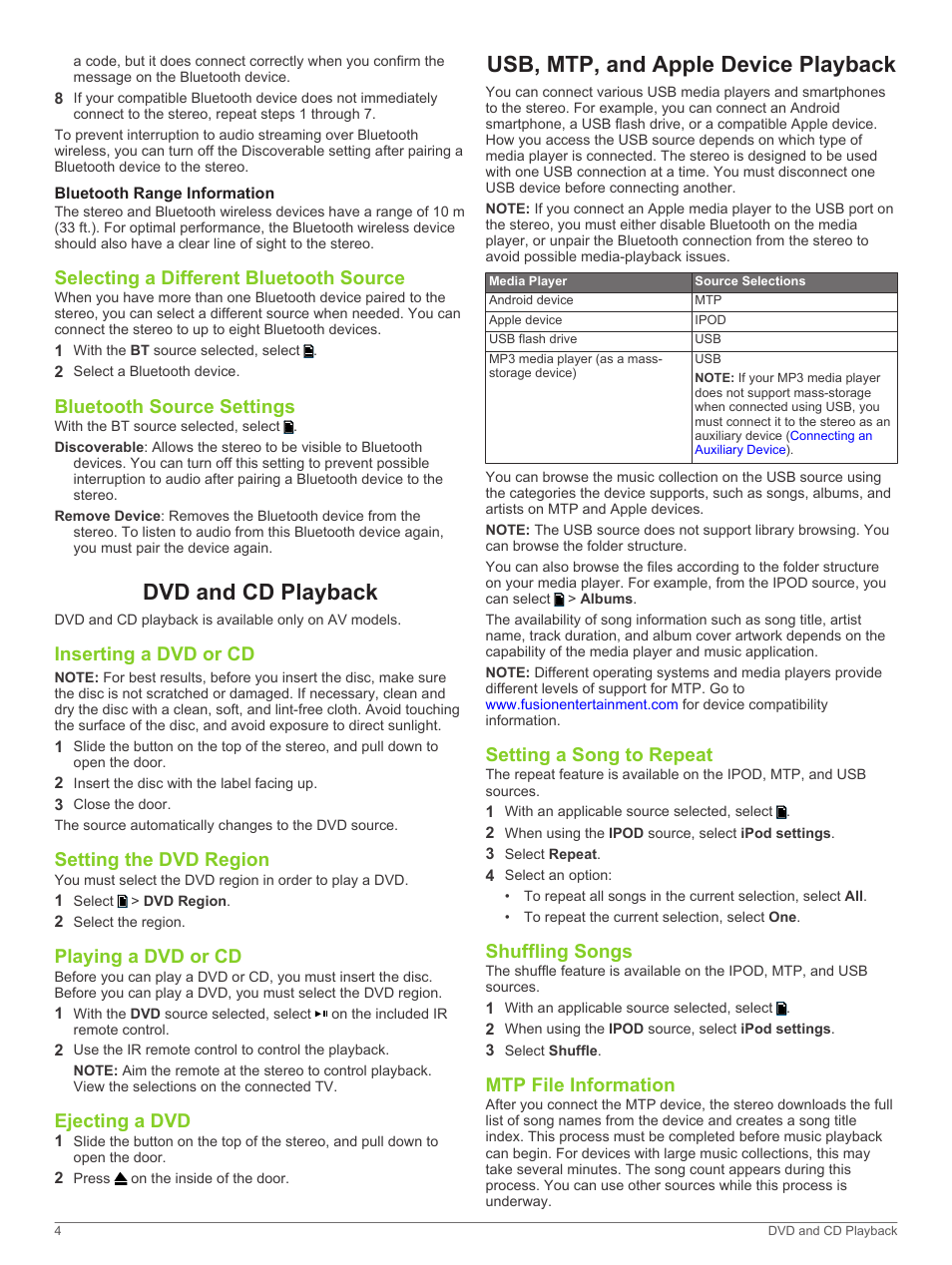 Bluetooth range information, Selecting a different bluetooth source, Bluetooth source settings | Dvd and cd playback, Inserting a dvd or cd, Setting the dvd region, Playing a dvd or cd, Ejecting a dvd, Usb, mtp, and apple device playback, Setting a song to repeat | Fusion MS-UD750 User Manual | Page 8 / 16