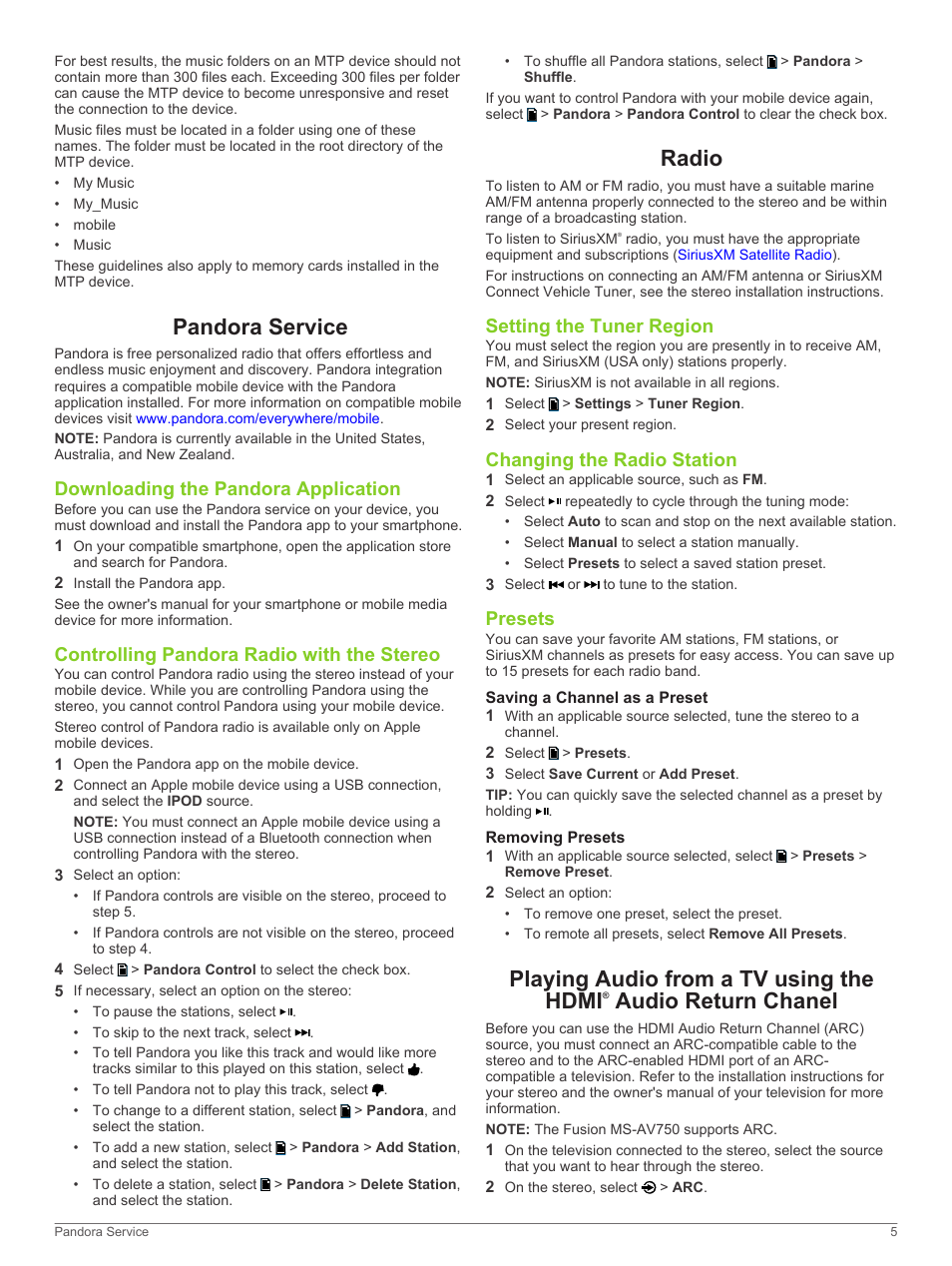 Pandora service, Downloading the pandora application, Controlling pandora radio with the stereo | Radio, Setting the tuner region, Changing the radio station, Presets, Saving a channel as a preset, Removing presets, Saving a channel as a preset removing presets | Fusion MS-UD750 User Manual | Page 9 / 16