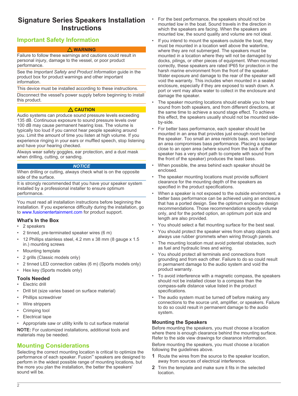 Important safety information, What's in the box, Tools needed | Mounting considerations, Mounting the speakers | Fusion SG-F65W User Manual | Page 2 / 30