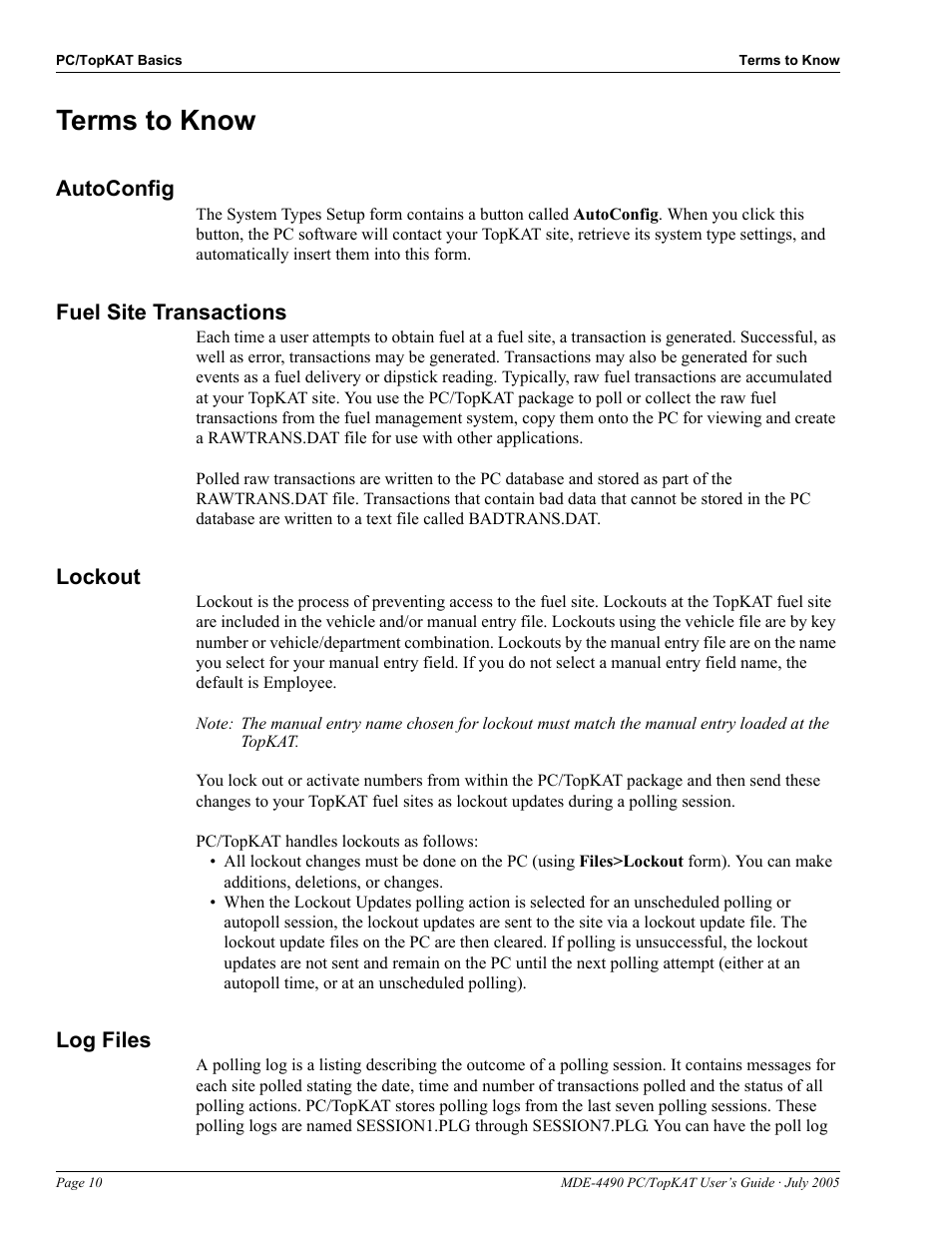 Terms to know, Autoconfig, Fuel site transactions | Lockout, Log files, Terms to know -10 | Gasboy PC TopKAT Users Guide User Manual | Page 12 / 20