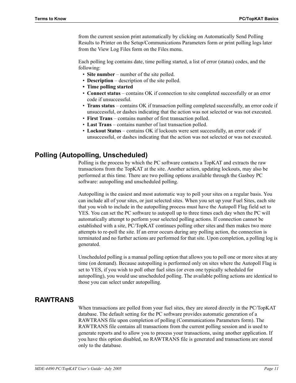 Polling (autopolling, unscheduled), Rawtrans | Gasboy PC TopKAT Users Guide User Manual | Page 13 / 20