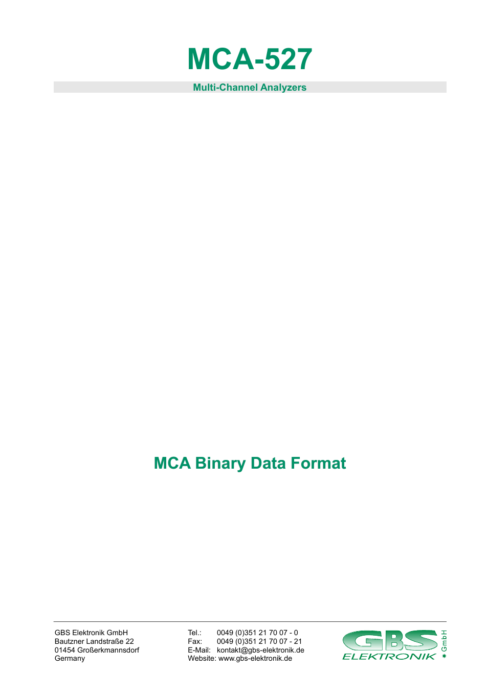 GBS Elektronik MCA-527 Binary Data Format User Manual | 12 pages