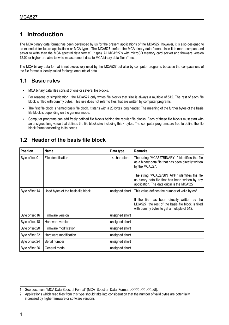 1 introduction, 1 basic rules, 2 header of the basis file block | GBS Elektronik MCA-527 Binary Data Format User Manual | Page 4 / 12