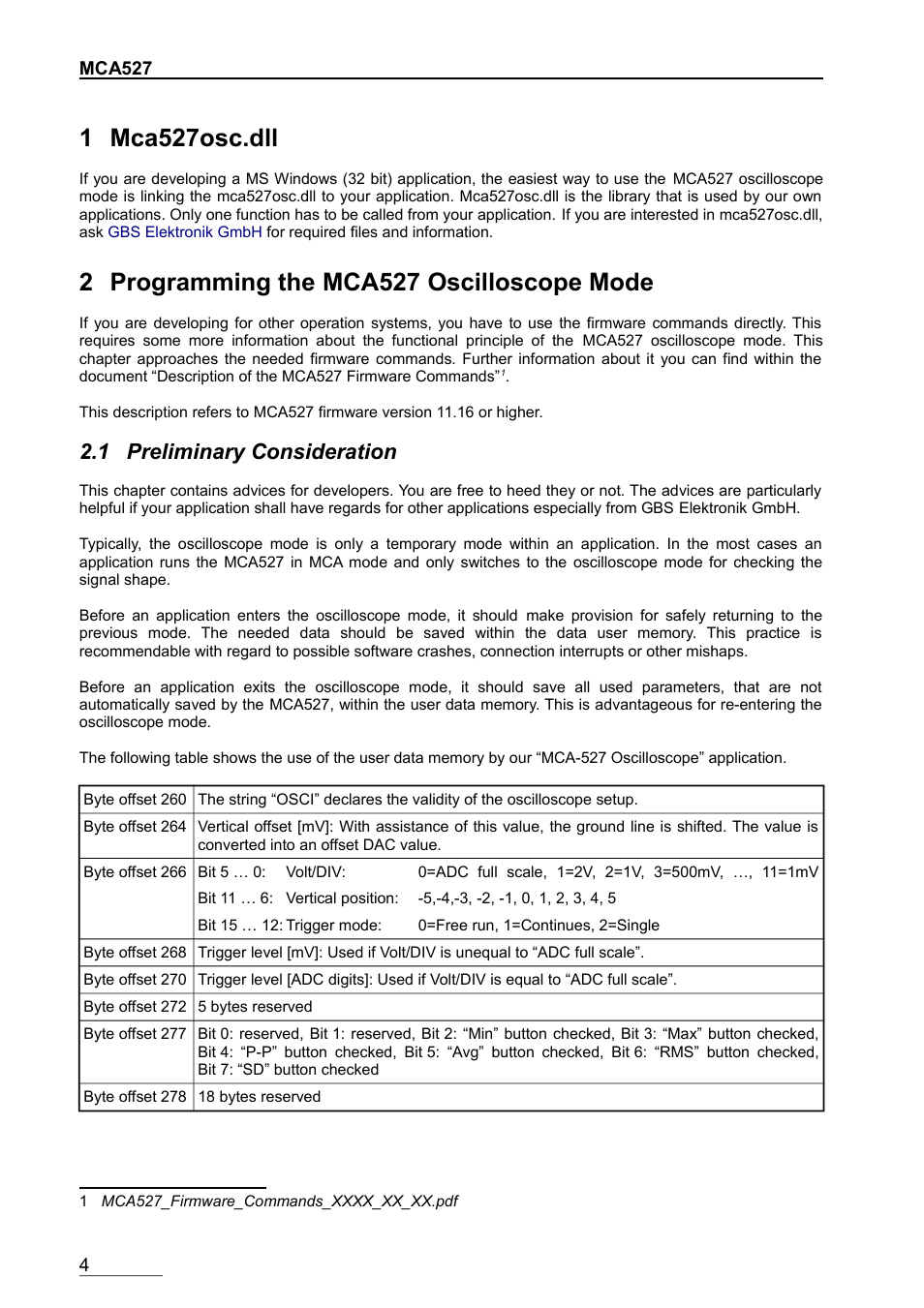 1 mca527osc.dll, 2 programming the mca527 oscilloscope mode, 1 preliminary consideration | GBS Elektronik MCA-527 Oscilloscope Mode User Manual | Page 4 / 7